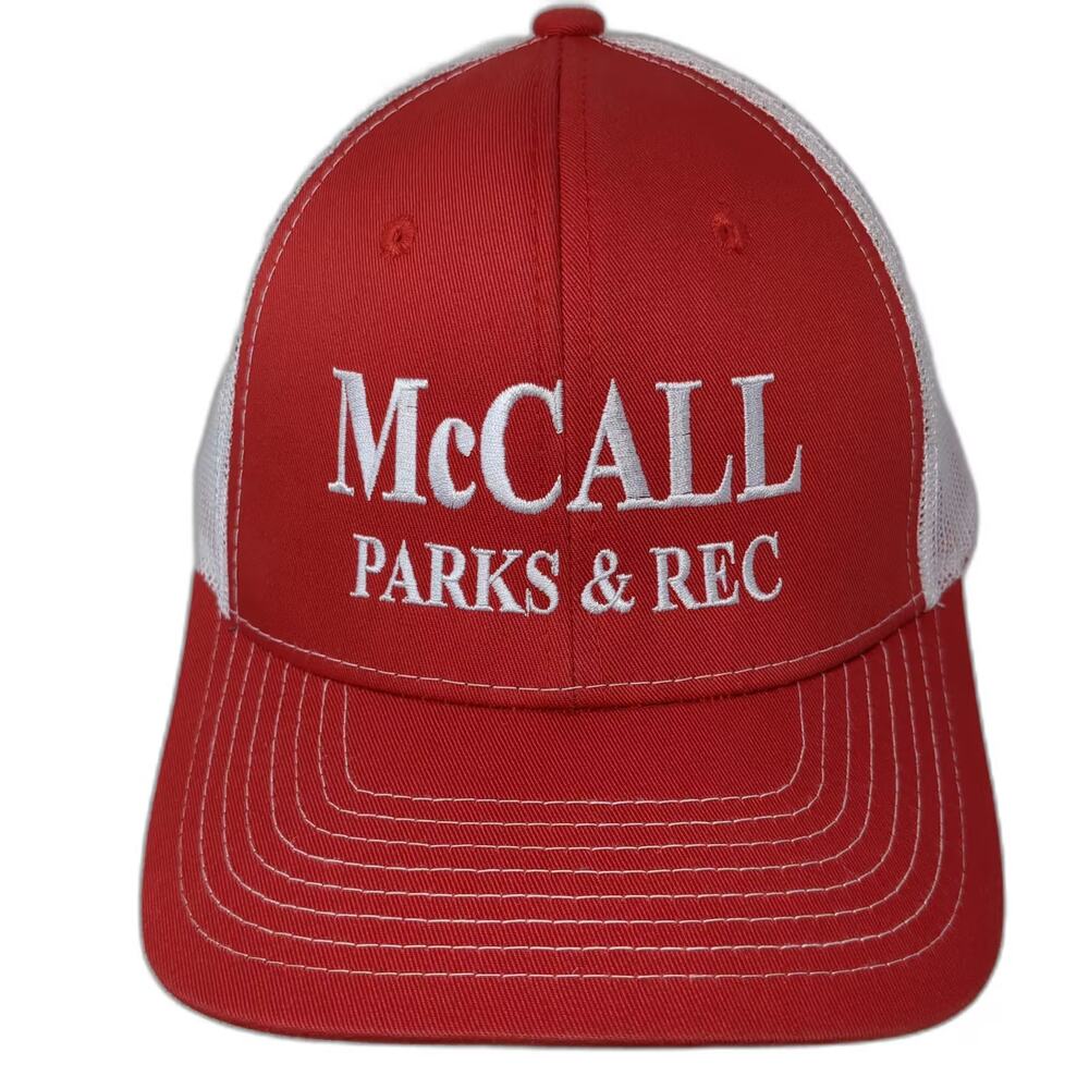 NV CAPS McCall Parks & Rec Red Trucker Hat Snapback OS Adjustable Embroidery